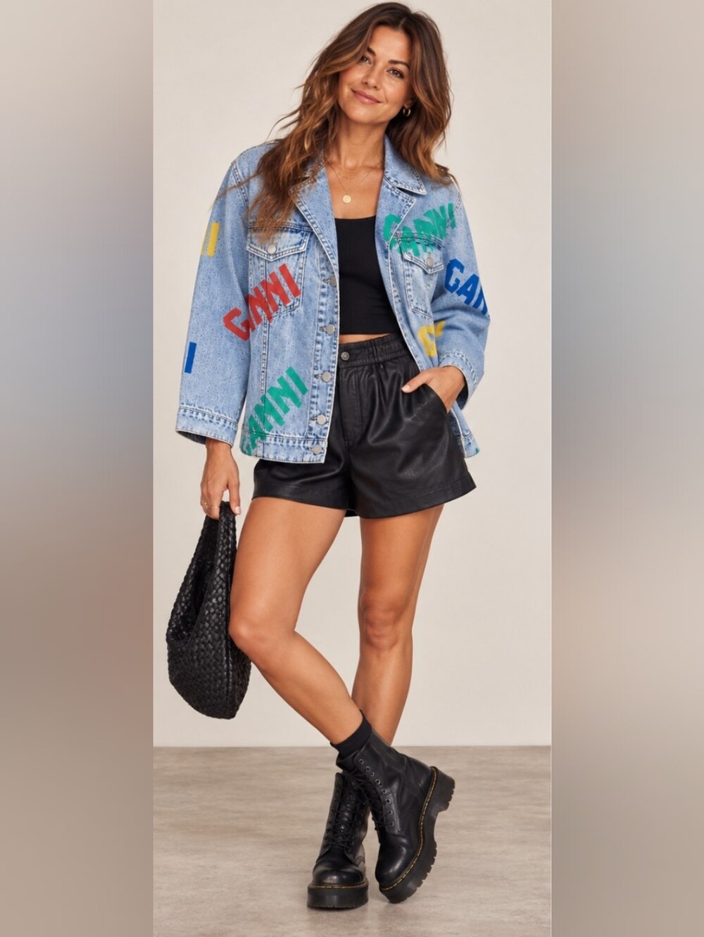 Ganni Light Blue Denim Jacket with Graffiti-style Logo